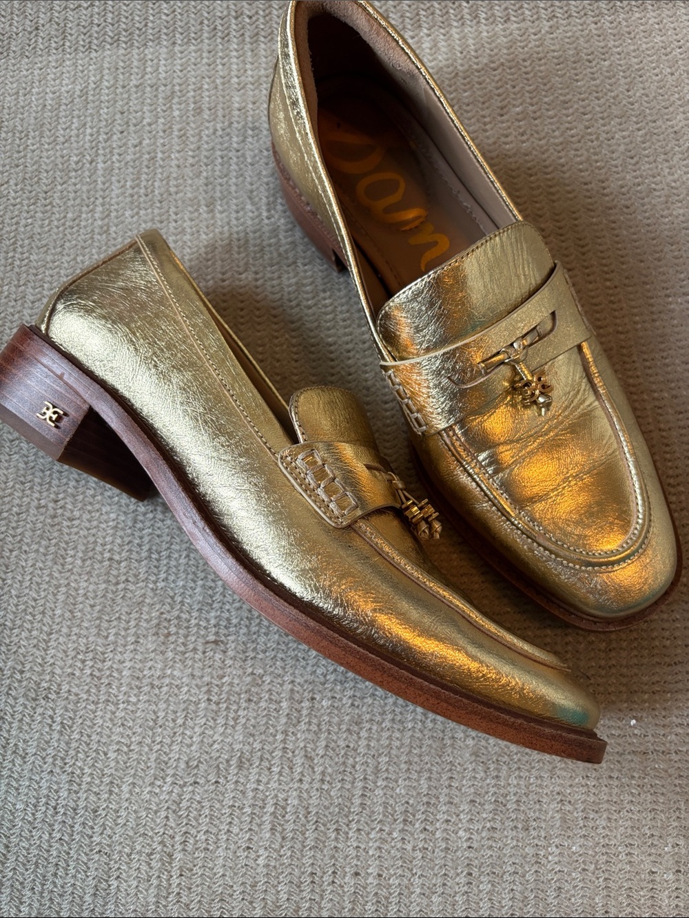 Sam Edelman Denise Metallic Gold Leather Loafers with Bit Detail